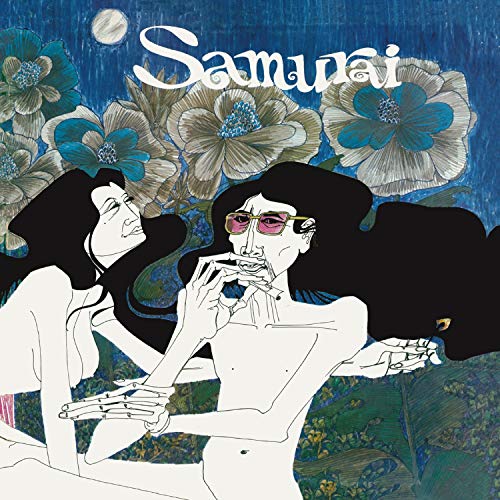 "Album cover with illustrated nude figures and flowers against a blue background."