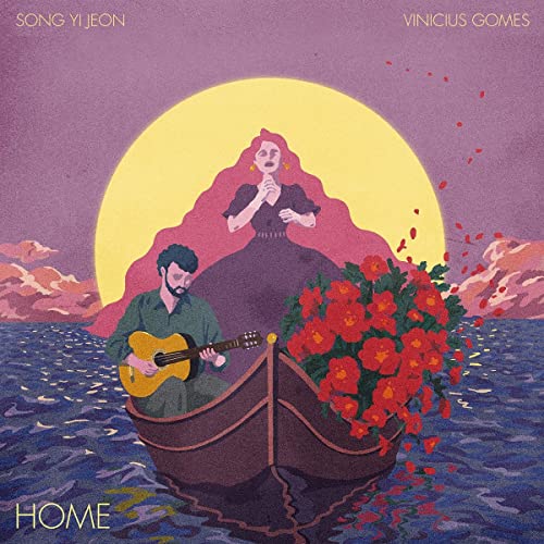 Album cover: couple in a boat with flowers, sunset background.