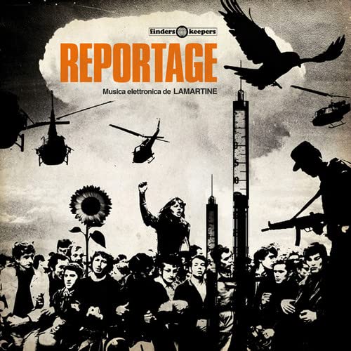 Lamartine "Reportage" vinyl cover: collage of protest, helicopters, and sunflowers.