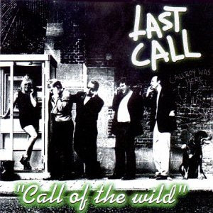 Black and white image of five men and a dog, with green text overlay.
