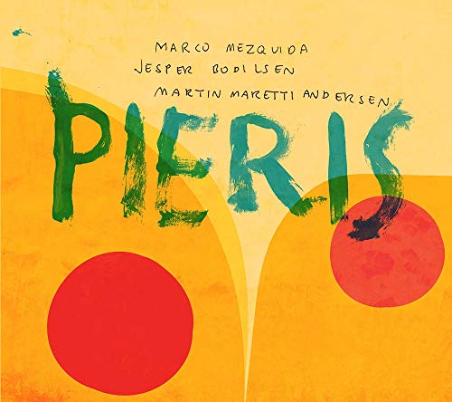 CD cover with abstract orange and red shapes, green lettering "Pieris".