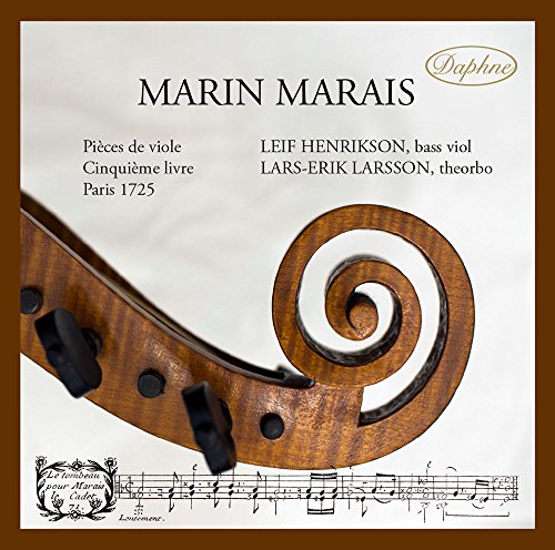 CD cover: detail of a bass viol scroll, sheet music, and text.