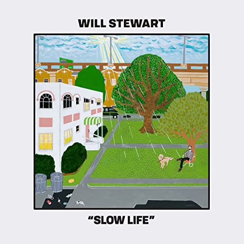Album cover for Will Stewart’s “Slow Life” featuring painted cityscape and figures.
