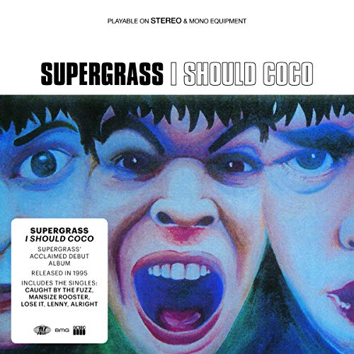 "Album cover with three faces, one screaming, and 'Supergrass I Should Coco' text."