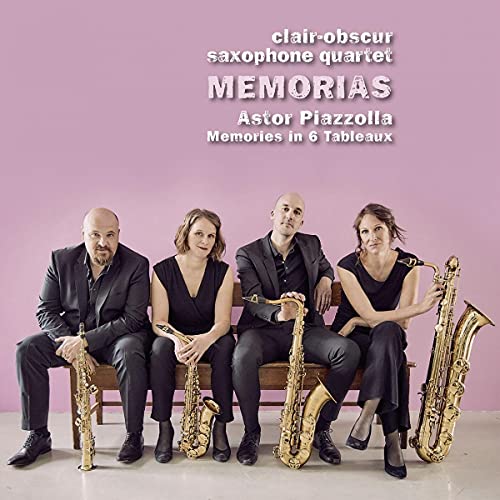 CD cover: Clair-obscur saxophone quartet with instruments, pink background.