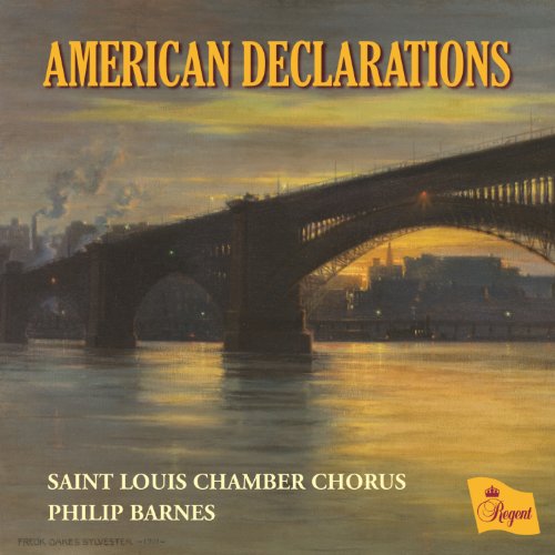 "Album cover with a bridge over water at sunset, titled 'American Declarations'."