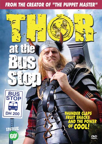 DVD cover featuring a man in Thor costume at a bus stop.