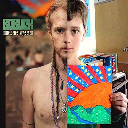 "Album cover with a split image of a man and a child holding a drawing."