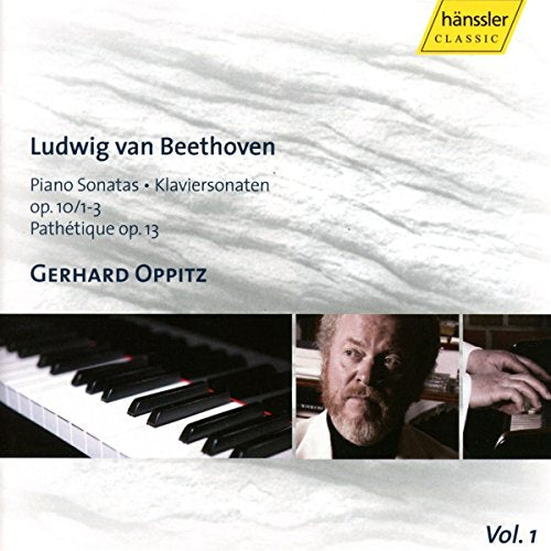 CD cover featuring a piano and a man, Beethoven's piano sonatas by Gerhard Oppitz.