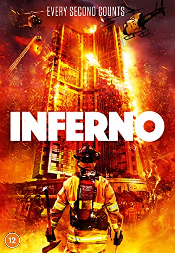 DVD cover for “Inferno” showing a firefighter before a burning skyscraper.