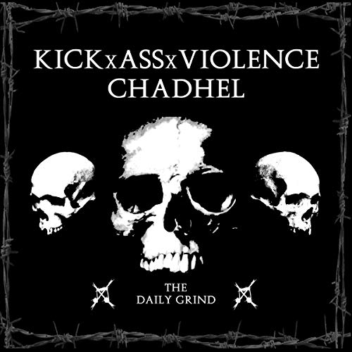 CD cover: black background, three skulls, barbed wire border, text "The Daily Grind".