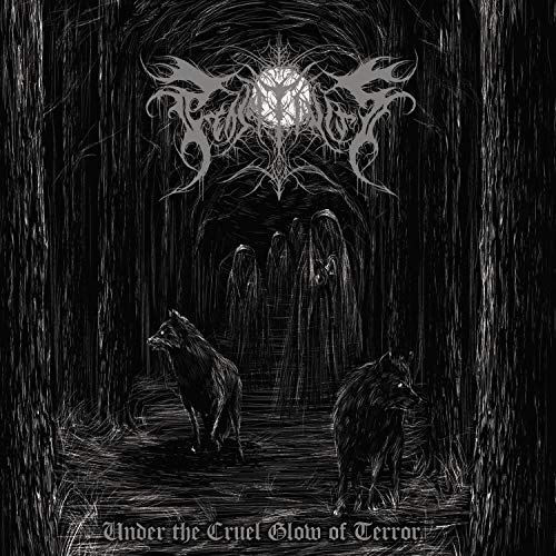 Black and white illustration of hooded figures, wolves, and a glowing orb.
