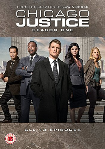 DVD cover for "Chicago Justice: Season 1" featuring five characters in formal attire.
