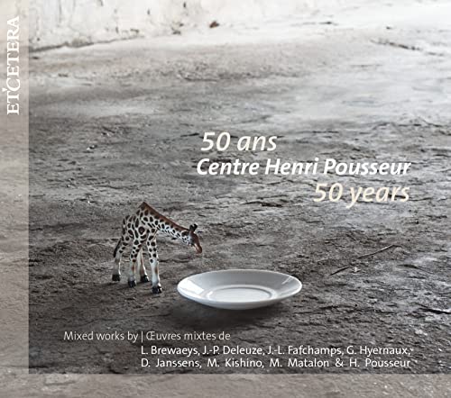 CD cover with a giraffe near a plate on a textured surface.