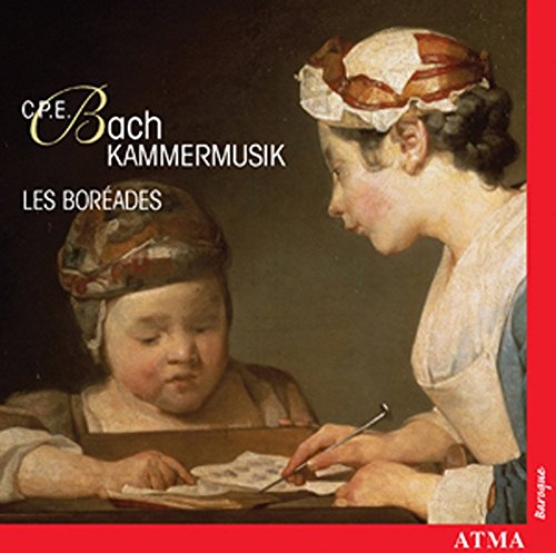 "CD cover featuring a painting of two women, one writing, with red border."