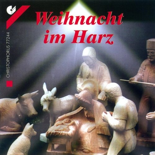 "CD cover featuring wooden nativity scene figures with 'Weihnacht im Harz' in red text."