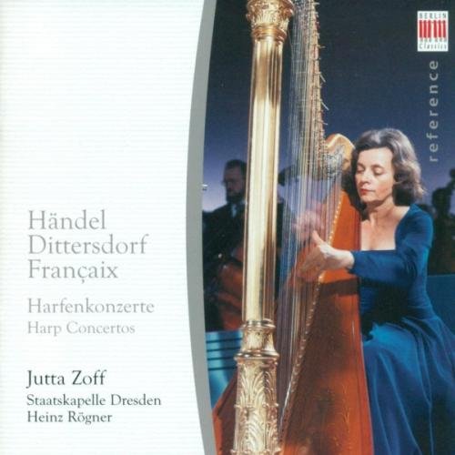 A CD cover featuring a woman playing a harp, wearing a blue dress.