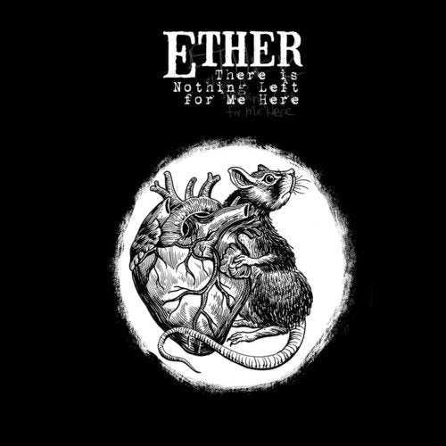 Black and white illustration of a mouse holding a human heart, album art.
