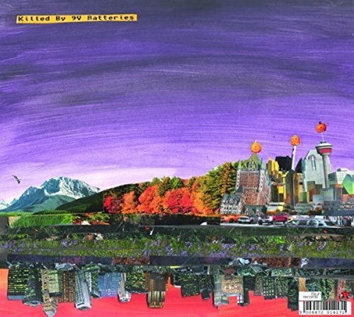 Collage of a city skyline with mountains, birds, and pumpkins.
