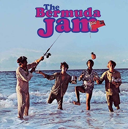 Album cover featuring four men on a beach with fishing gear and fruit.