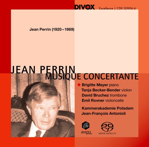 CD cover for "Jean Perrin: Musique Concertante" with composer's photo and list of performers.