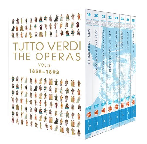 "Tutto Verdi the Operas Vol. 3 DVD box set with operatic character images and blue spines."