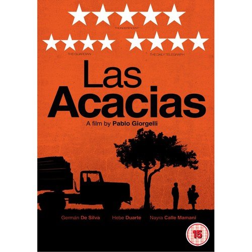 Las Acacias" DVD cover: orange background, tree silhouette, truck, and people.