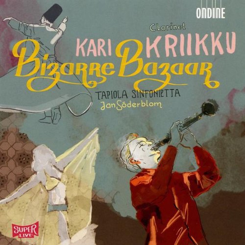 "CD cover art featuring a man playing clarinet with abstract illustrations."