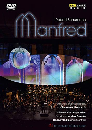DVD cover for "Manfred" featuring an orchestra and glowing projections on stage.
