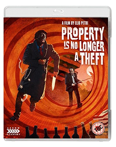 "Blu-ray case with orange cover art featuring two men and title 'Property Is No Longer A Theft'."