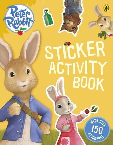 "Yellow children's activity book cover featuring Peter Rabbit and his sister, with stickers and title."