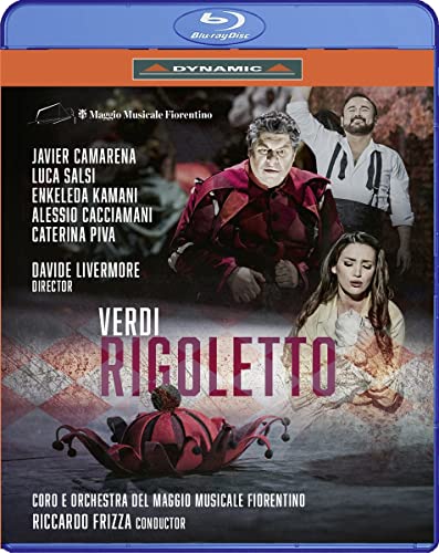 Blu-ray cover for Verdi’s *Rigoletto* opera featuring performers and jester imagery.