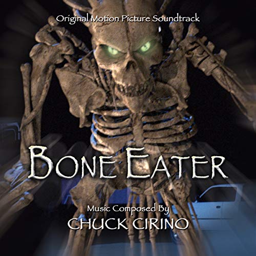 "Soundtrack cover for 'Bone Eater' featuring a glowing-eyed skeleton in a dark background."