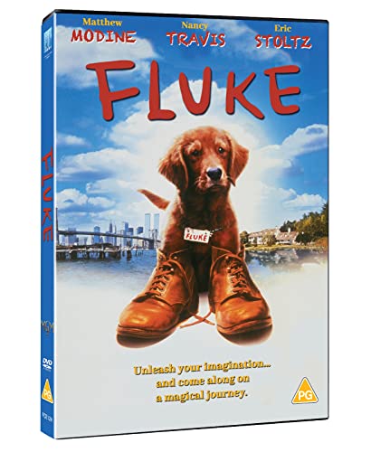 DVD cover for "Fluke" featuring a dog wearing human boots.