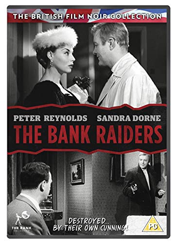 DVD cover for "The Bank Raiders" with black and white film scenes and red title.