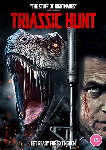 DVD cover for "Triassic Hunt" featuring a dinosaur and a man with a rifle.