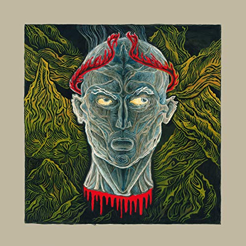 Dark, surreal painting of a head with red accents and swirling background.