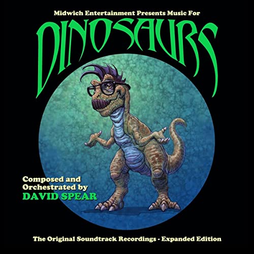 CD cover: Cartoon dinosaur wearing glasses, titled "Music For Dinosaurs" by David Spear.