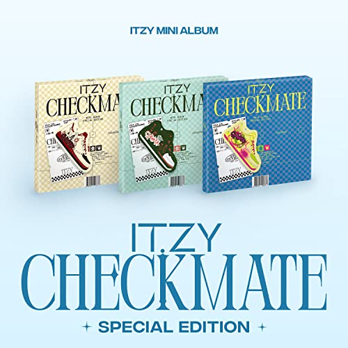 ITZY Checkmate special edition CD album covers in yellow, teal, and blue.