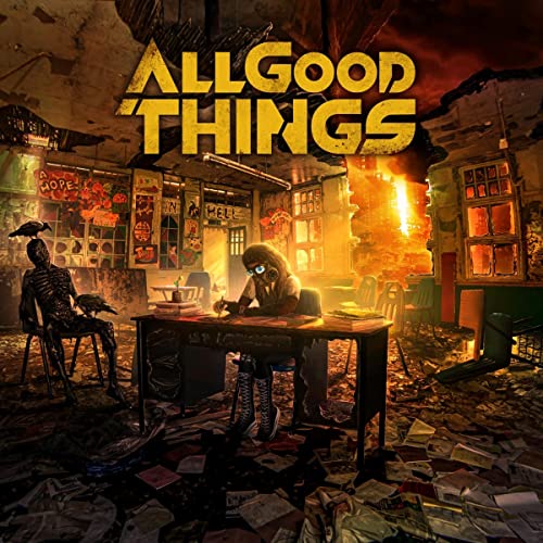 Album cover: person at desk in a decaying, fiery cityscape.