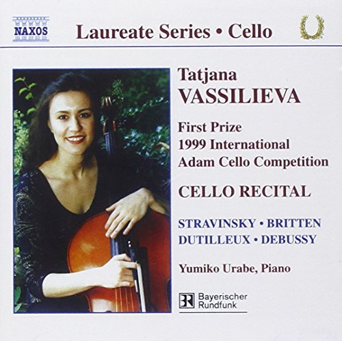 A woman holding a cello on a CD cover with text describing the music.