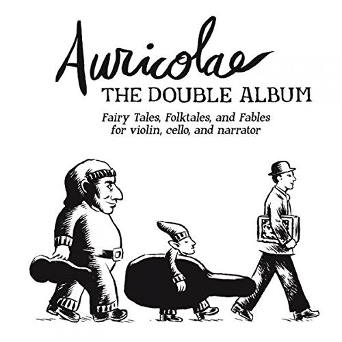 "Album cover with black and white illustration of three men carrying a cello case."