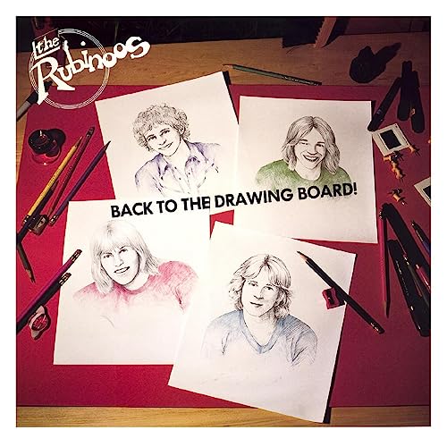 CD cover with sketched portraits of band members on papers.