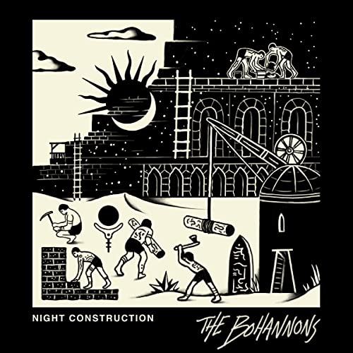 Black and white album cover depicting figures building under a night sky.