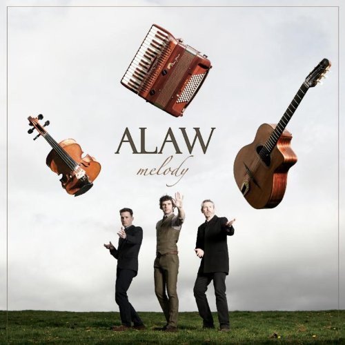 "CD cover featuring three men and floating musical instruments against a cloudy sky."