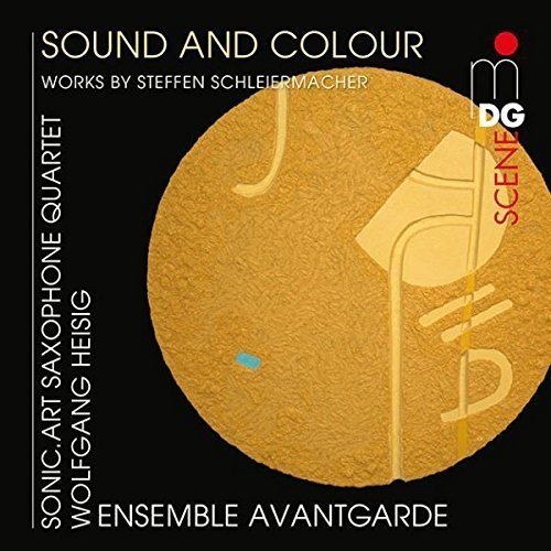 "CD cover with a black background and a textured gold circle, featuring saxophone illustrations."