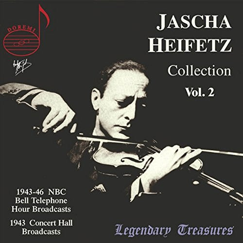 CD cover with Jascha Heifetz playing violin, black and white image, dark background.