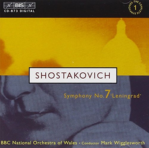 CD cover for Shostakovich's Symphony No. 7, featuring a faded portrait and yellow text.