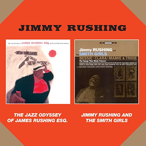 "Orange square with two vintage jazz album covers and white text."