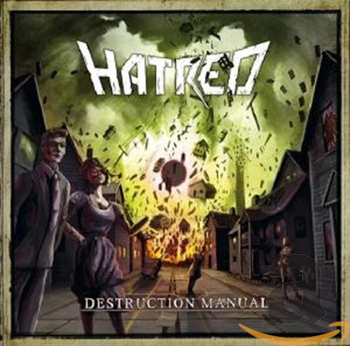CD cover for "Hatred - Destruction Manual" depicting a burning cityscape.